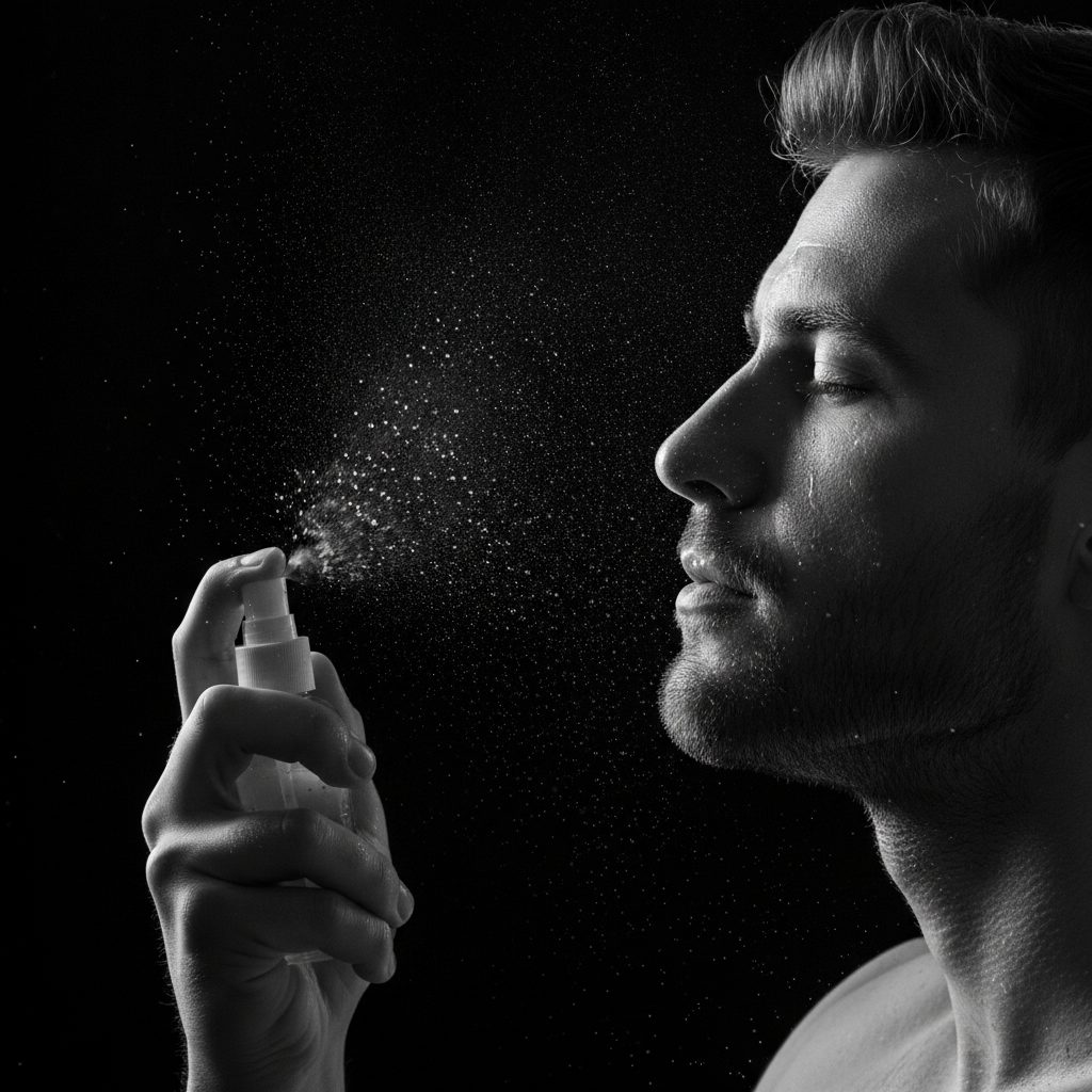 Man applying facial toner mist